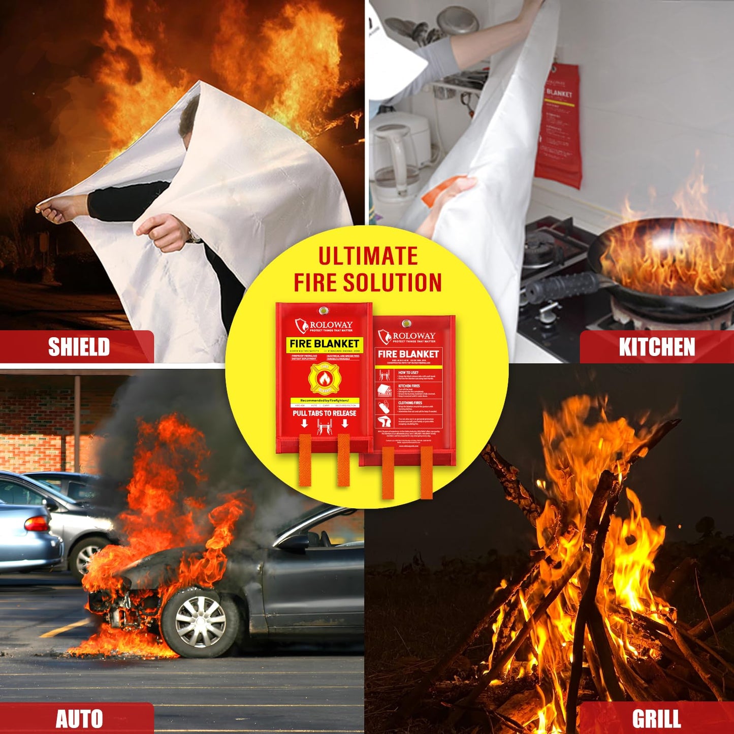 ROLOWAY Emergency Fire Blanket for Home and Kitchen, Fire Blankets Emergency for Home Safety (40 x 40 Inch) with Hooks, Gloves, Fire Suppression Blanket with Emergency Whistle for Fire Safety (2 Pack)