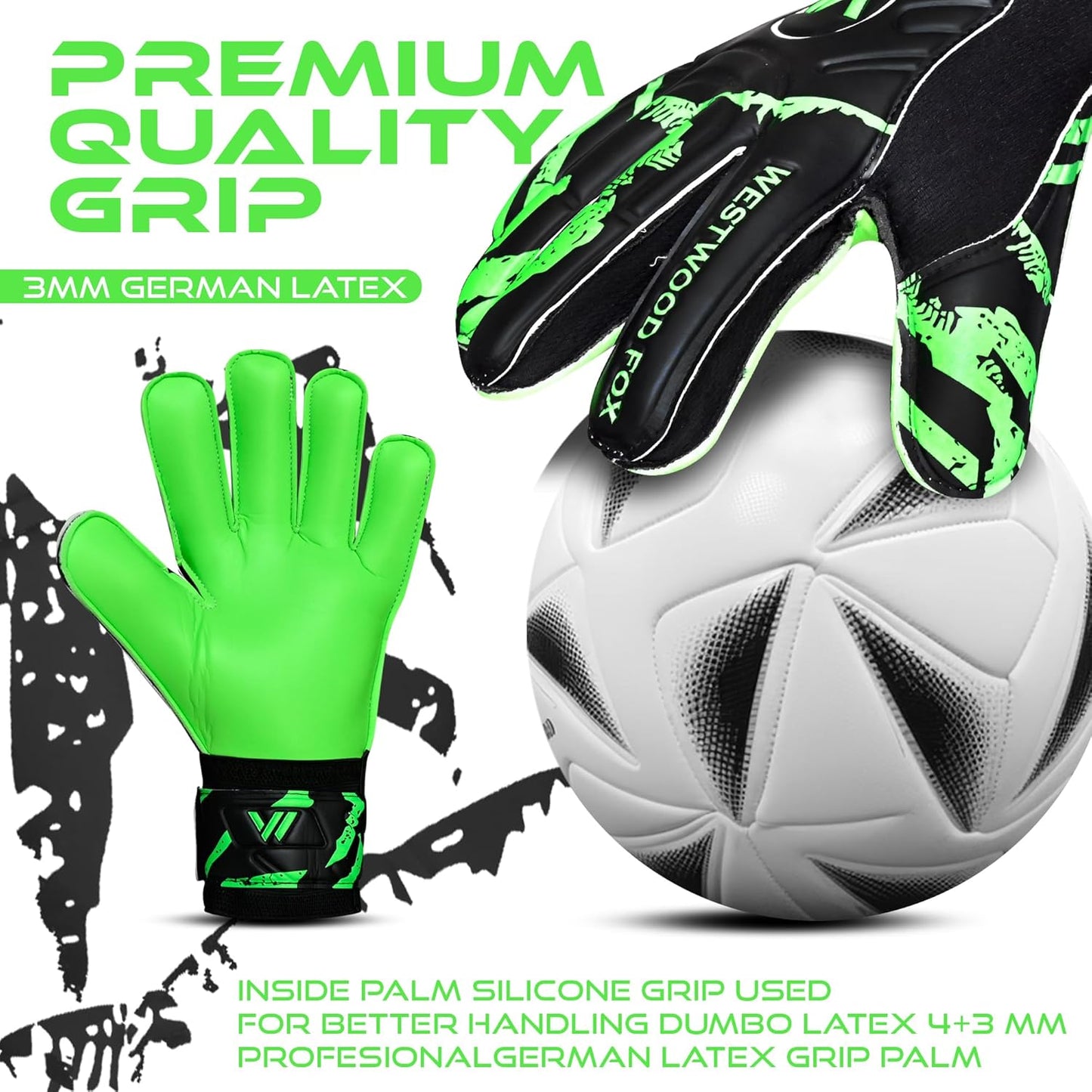 Westwood Fox Goalie Gloves - Heavy Grip Palm with Finger Protection for Kids & Adults | 4+3 mm Latex