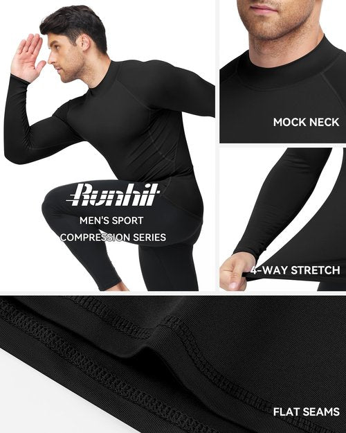 Runhit Black Compression Shirt Men Long Sleeve Turtleneck Workout Tops Athletic Sports Undershirts for Football Running