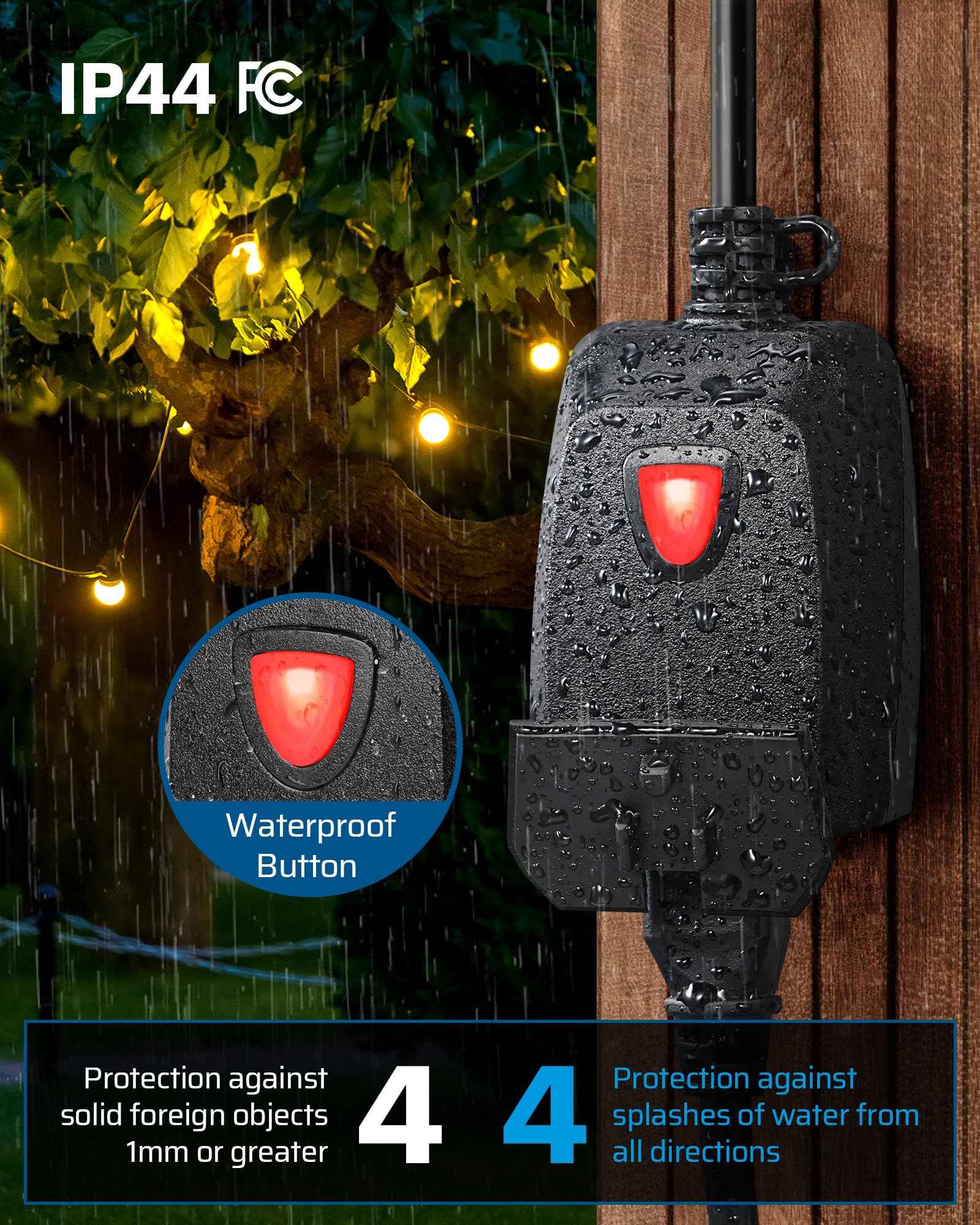 DEWENWILS Outdoor Dimmer for String Lights, 100FT Remote Range, IP44 Waterproof Plug-in Dimmer for Garden, Patio, Porch, 4 Level Brightness Button, Max 150W Dimmable LED/300W Tungsten Bulbs