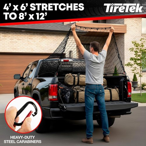 **Cargo Net for Pickup Truck Bed - Heavy Duty Organizer with 12 Carabiners | Stretches 4'x6' to 8'x12'**