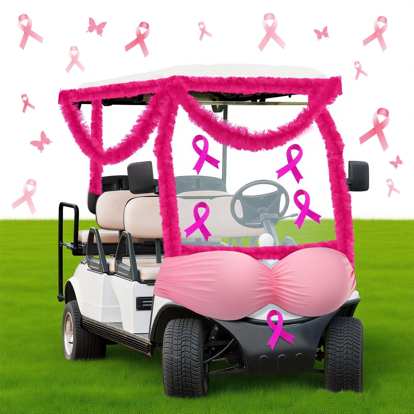 Suncalla Breast Cancer Awareness Golf Cart Decorations Kit Large Bra Shaped Balloon Decoration Feather Boa Pink Ribbon Stickers for Breast Cancer Awareness Themed Decor Women