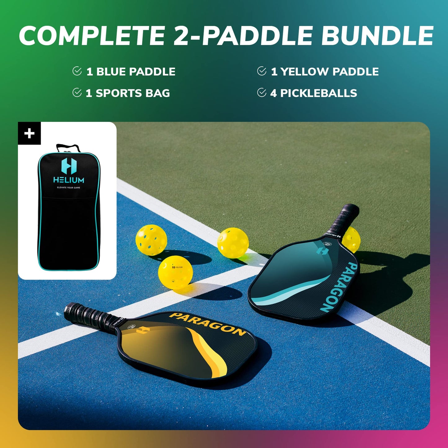Helium Pickleball Paddle Set of 2 - USAPA Certified - Graphite Fiberglass Surface, Lightweight Honeycomb Core (Paragon (Blue Yellow))