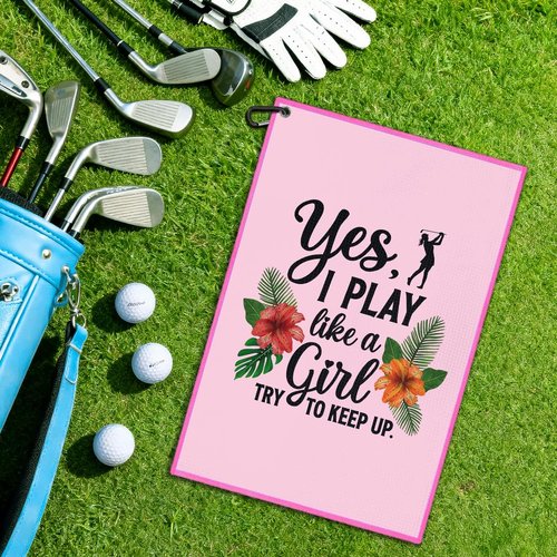 Juoqg I Play Like A Girl Try to Keep Up Feminine Golf Towel, Funny Golf Bag Towel with Clip, Golfing Accessories for Women, Golfing Gifts for Ladies Golfer, Birthday Gifts for Sport Fan Sister Friend