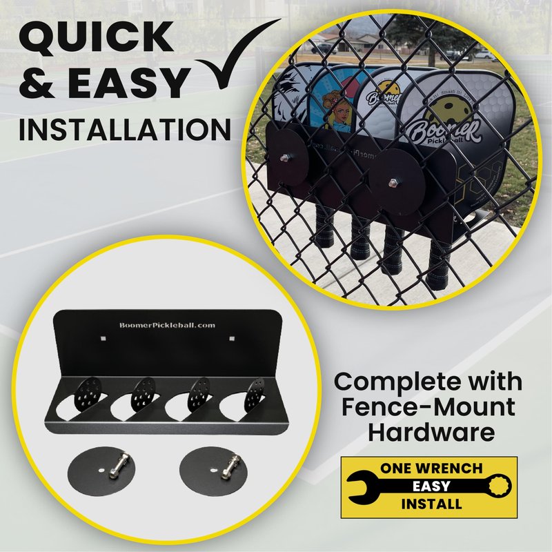 45D Pickleball Paddle Rack | Holds Four Paddles at a 45-Degree Angle Making All Paddles Visible | Track Players “Next-Up” | Heavy-Duty Steel Finished in Black Weather-Proof Powder Coating
