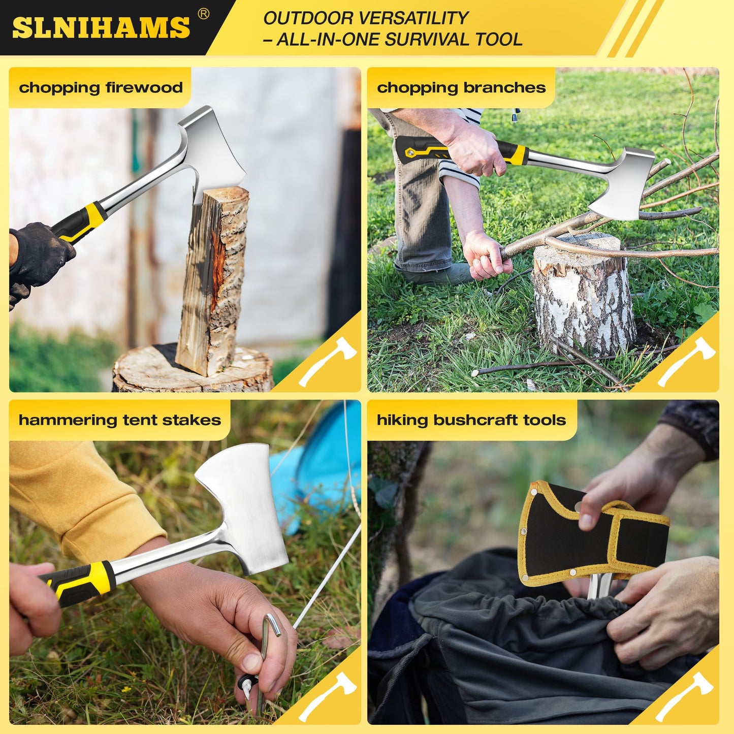SLNIHAMS 13.5" Camping Hatchet, Forged Carbon Steel Axe with Ergonomic Anti-Slip Grip & Heavy-Duty Oxford Nylon Sheath – Outdoor Survival, Camping, Wood Splitting & Hiking Tool