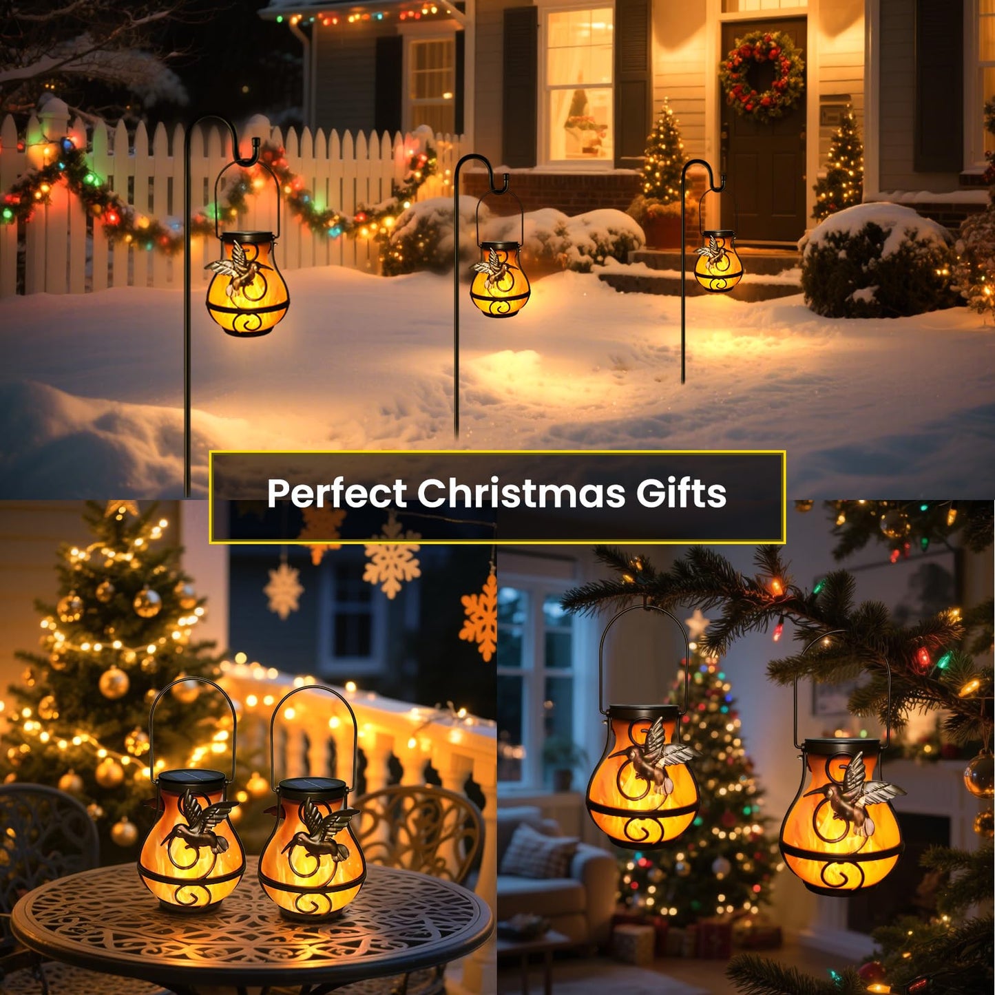 2 Pack Solar Lanterns Outdoor Waterproof, Hanging Hummingbird Flickering Flame Light Garden Decor Hanging Lights Decorative for Outside Patio Pathway Yard Christmas Birthday Gifts