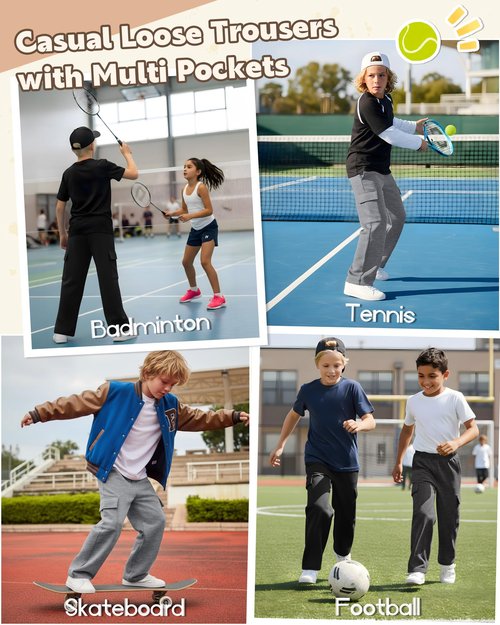LessonZoo 3 Pack Boys' Sweatpants Wide Leg Baggy Cargo Pants with 4 Pockets Kids Elastic Waist Straight Loose Joggers(Medium,Black, Dark Heather Gray, Light Heather Gray)