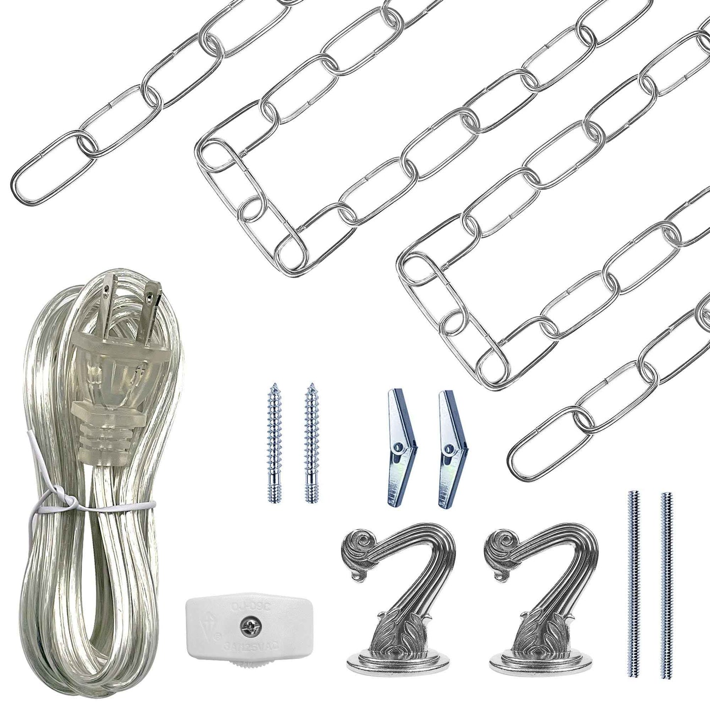 ECUDIS Swag Light Kit, Lamp Parts Chandelier Light Fixture Chain Swag Kit Includes 12 Ft Chain, 15 Ft Cord with Switch, 2 Swag Hooks and Mounting Hardware (Nickel)