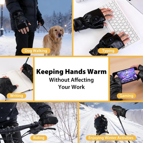 Heated Gloves for Women, Rechargeable Washable PU Leather Electric Heated Warm Winter Gloves for Motorcycle Skiing Bike Hunting Camping - Fingerless Glove for Cold Weather Arthritis Hands, Black