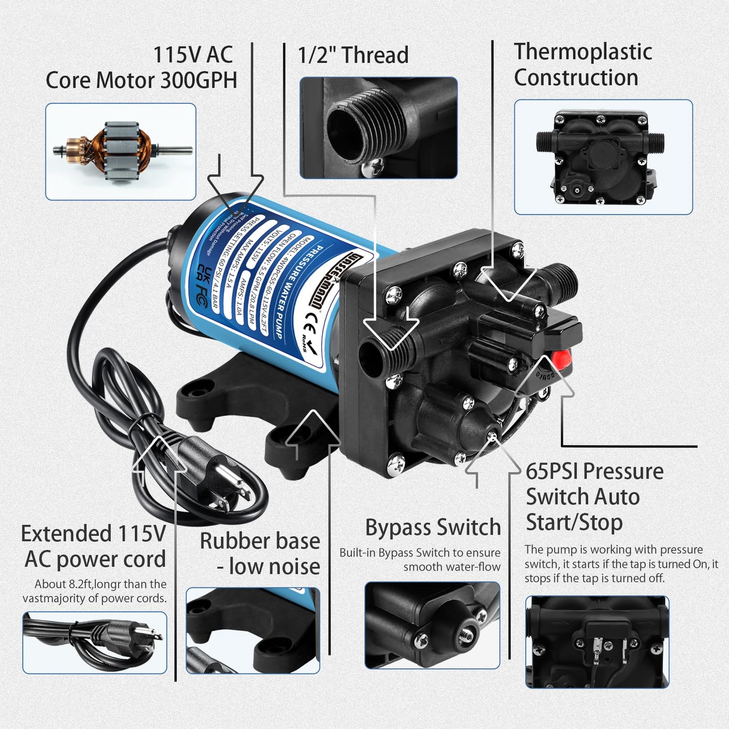 WASSERMANN 115V AC Fresh Water Pressure Booster Pump, 5.5 GPM 60 PSI,Self-Priming Diaphragm Pump with 8.2 FT Power Cord & Plug, Pressure Switch, for Garden Kitchen Bathroom RV Marine Camper, 1/2" NPSM