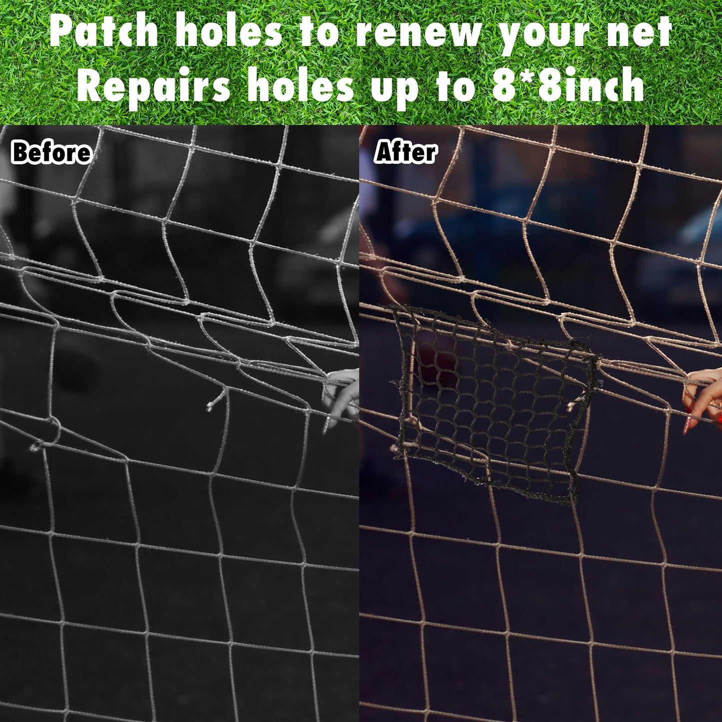 GliCraft 6 Pcs Universal Sports Net Repair Kits with 100 Pcs Zip Ties Golf Goal Nylon Netting Hole Replacement Patch for Baseball Batting Cages Soccer Football Hockey(8 x 8 Inch,Black)