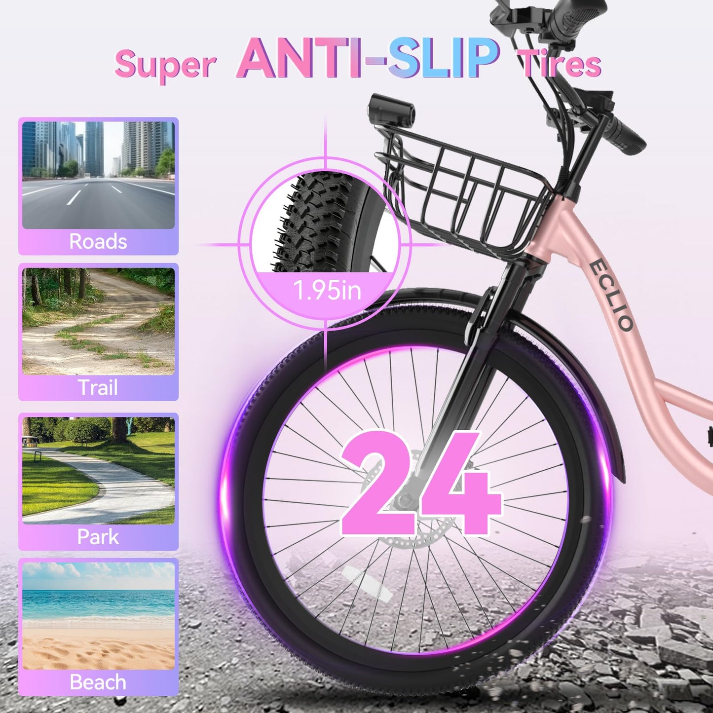 24'' Electric Bike for Adults, Peak 1000W Motor 28MPH, 48V 13Ah Removable Battery 75Miles, Step Through City Cruiser Ebike, Commuter E-Bike with 7-Speed and Front Basket, UL 2849 Certified (Pink)