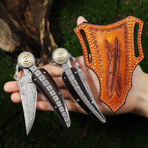 ALVELY Handmade Damascus Steel Folding Pocket Knife，Feather shape 3.4in Blade Men's Pocket Knife，With knife sheath，Ebony Handle，Home & Outdoor EDC knife