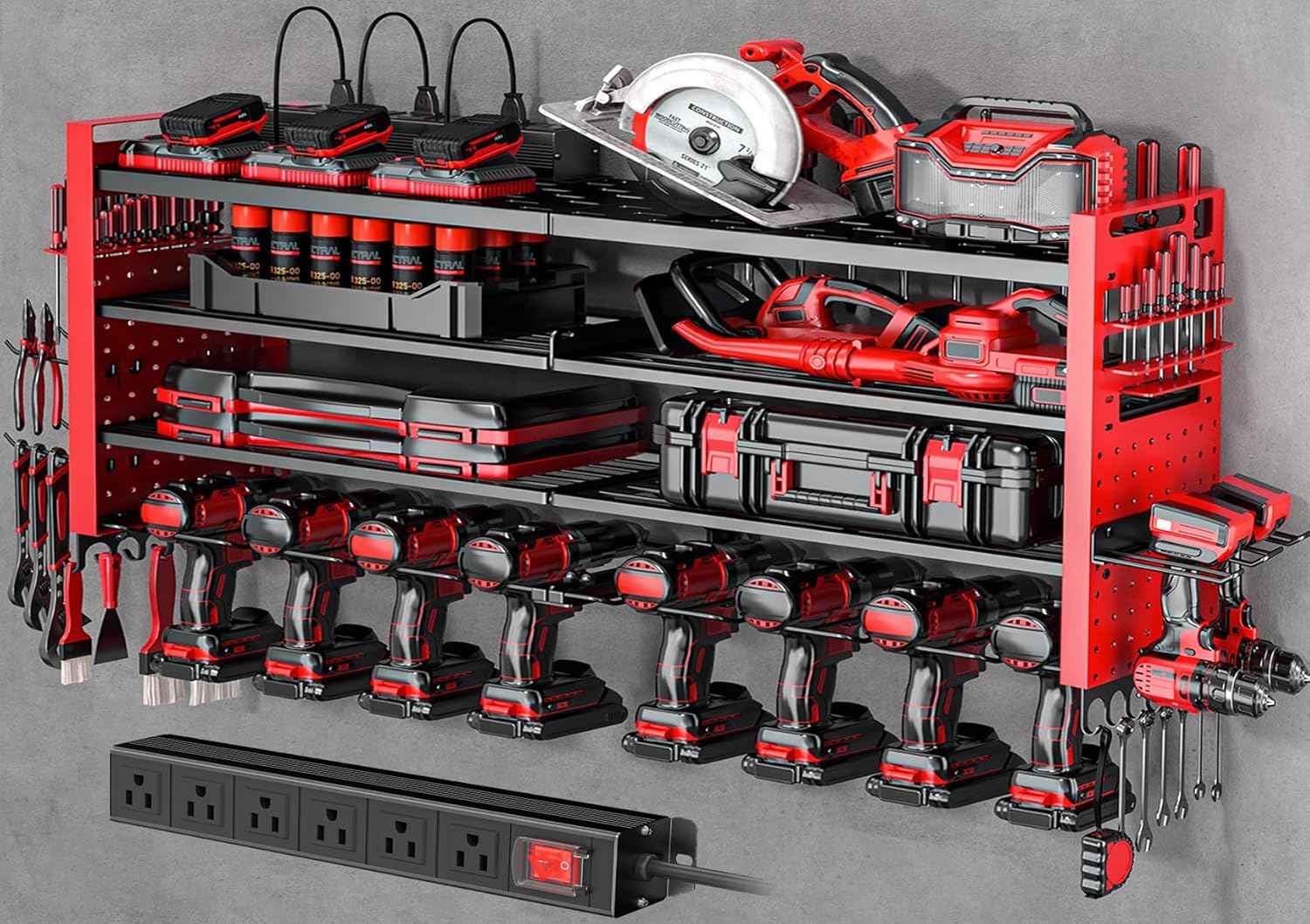 Heavy Duty Wall Mount Power Tool Organizer with Charging Station & 10 Drill Holders