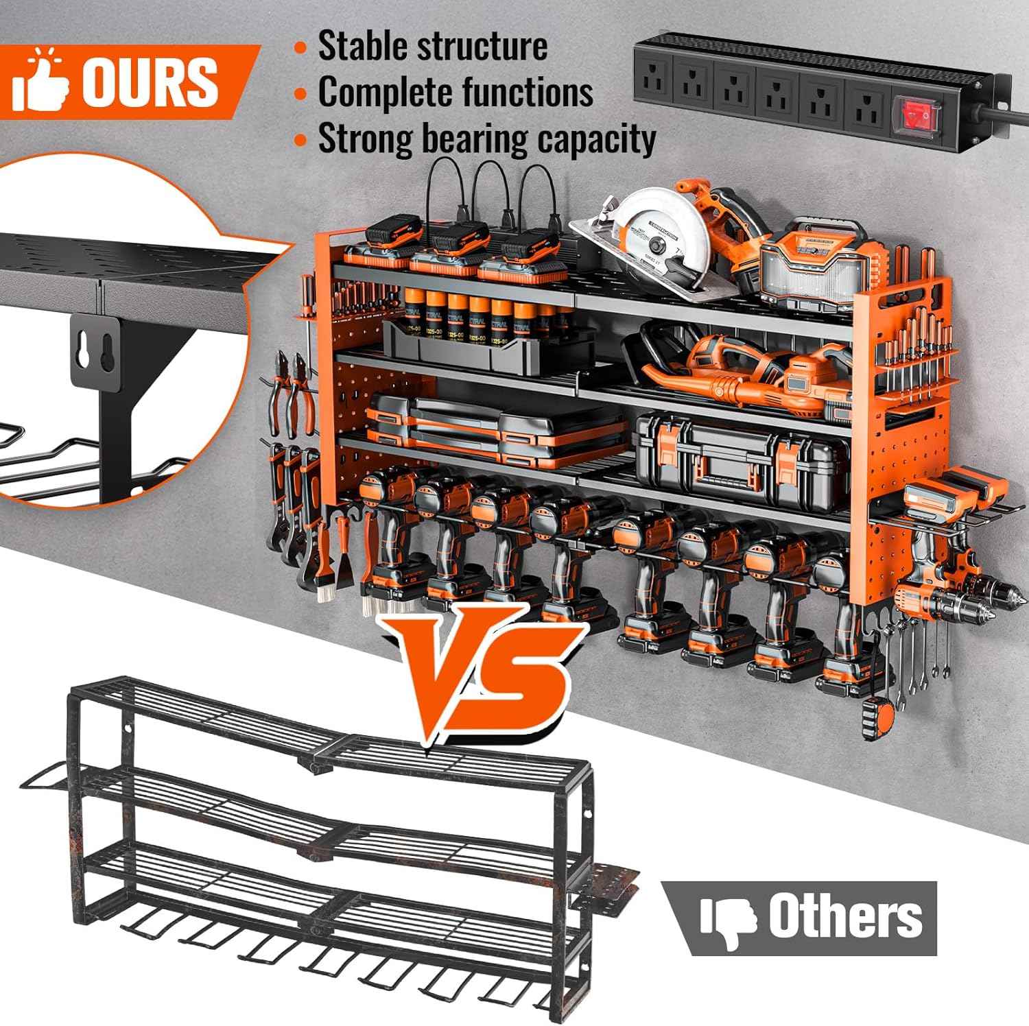 Heavy Duty Wall Mount Power Tool Organizer with Charging Station & 10 Drill Holders