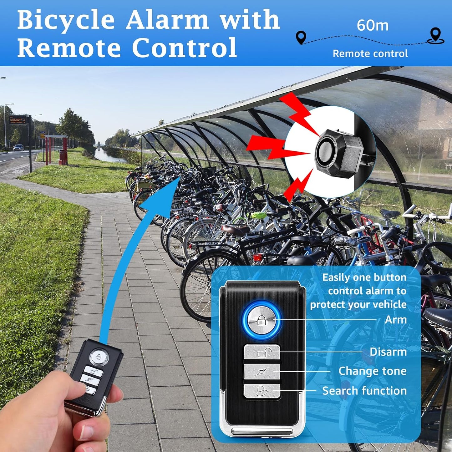 NineLeaf Bike Alarm - USB Rechargeable Anti-Theft Wireless Security System | 110dB Loud with Remote