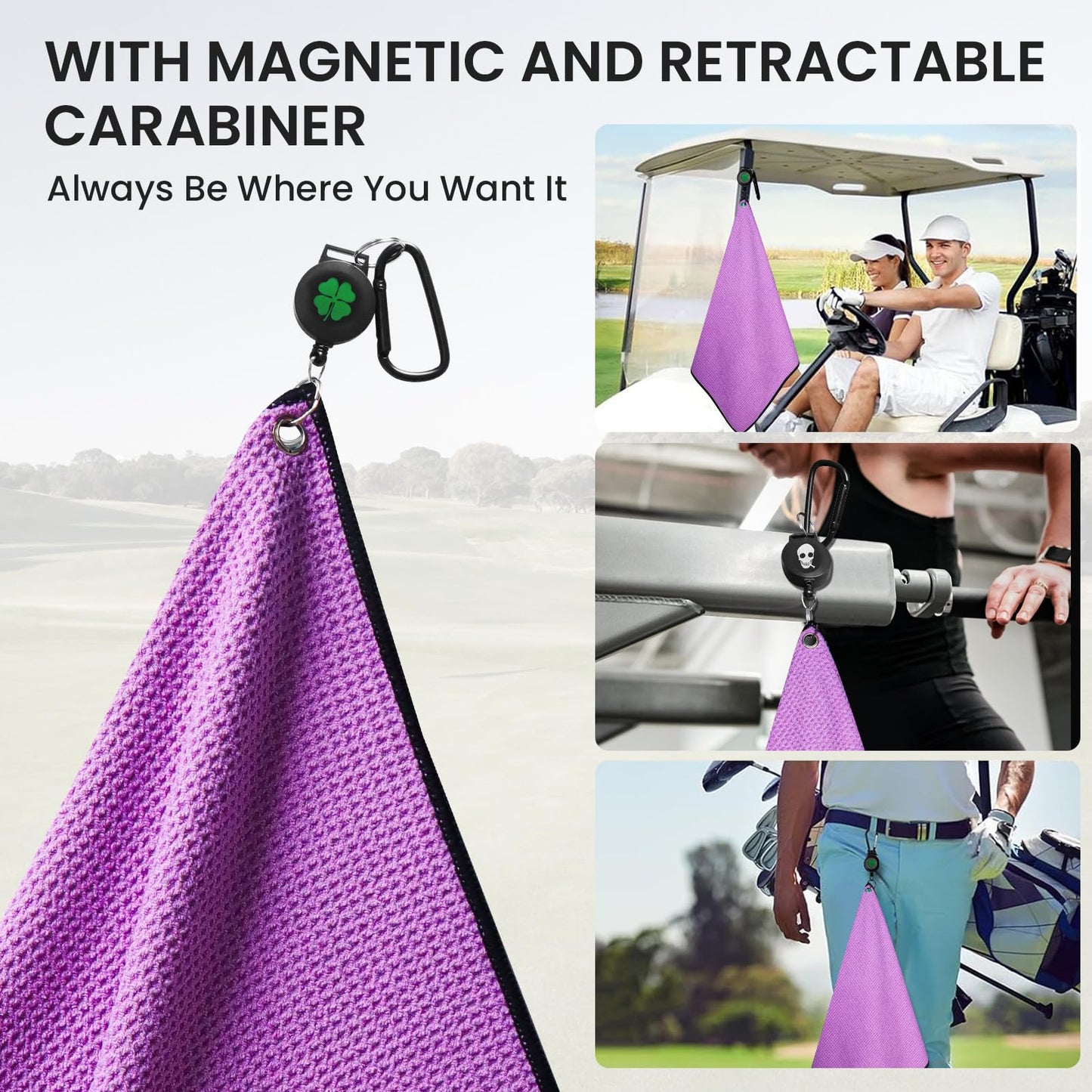 Amy Sport Golf Towels for Golf Bags for Women Men Value 2 Pack with 3 Strong Magnetic Retractable Carabiner and Black Brush, 16''X16'' Microfiber Waffle Pattern Towel Absorbent Set (Purple)