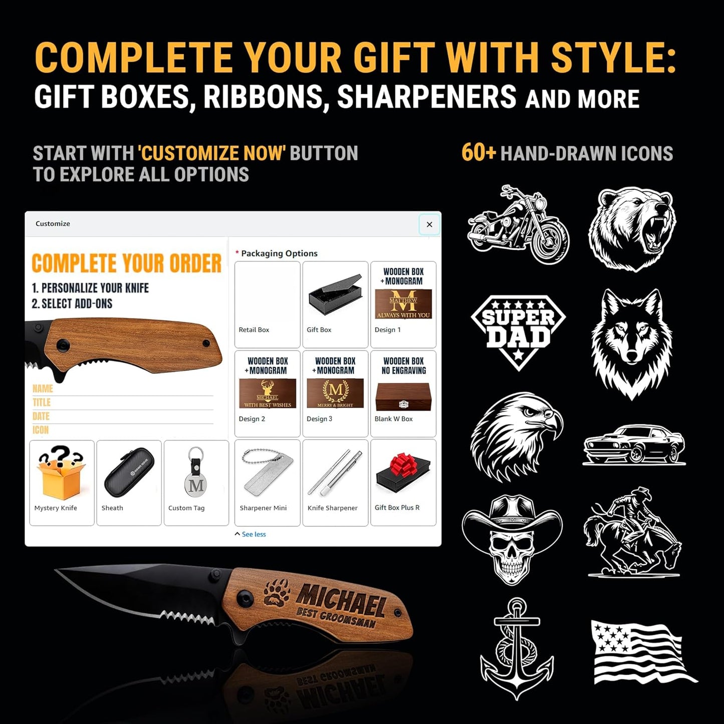Skiennix Personalized Pocket Knife Set - Custom Engraved Folding Knives for Groomsmen | 3-Piece Gift Set