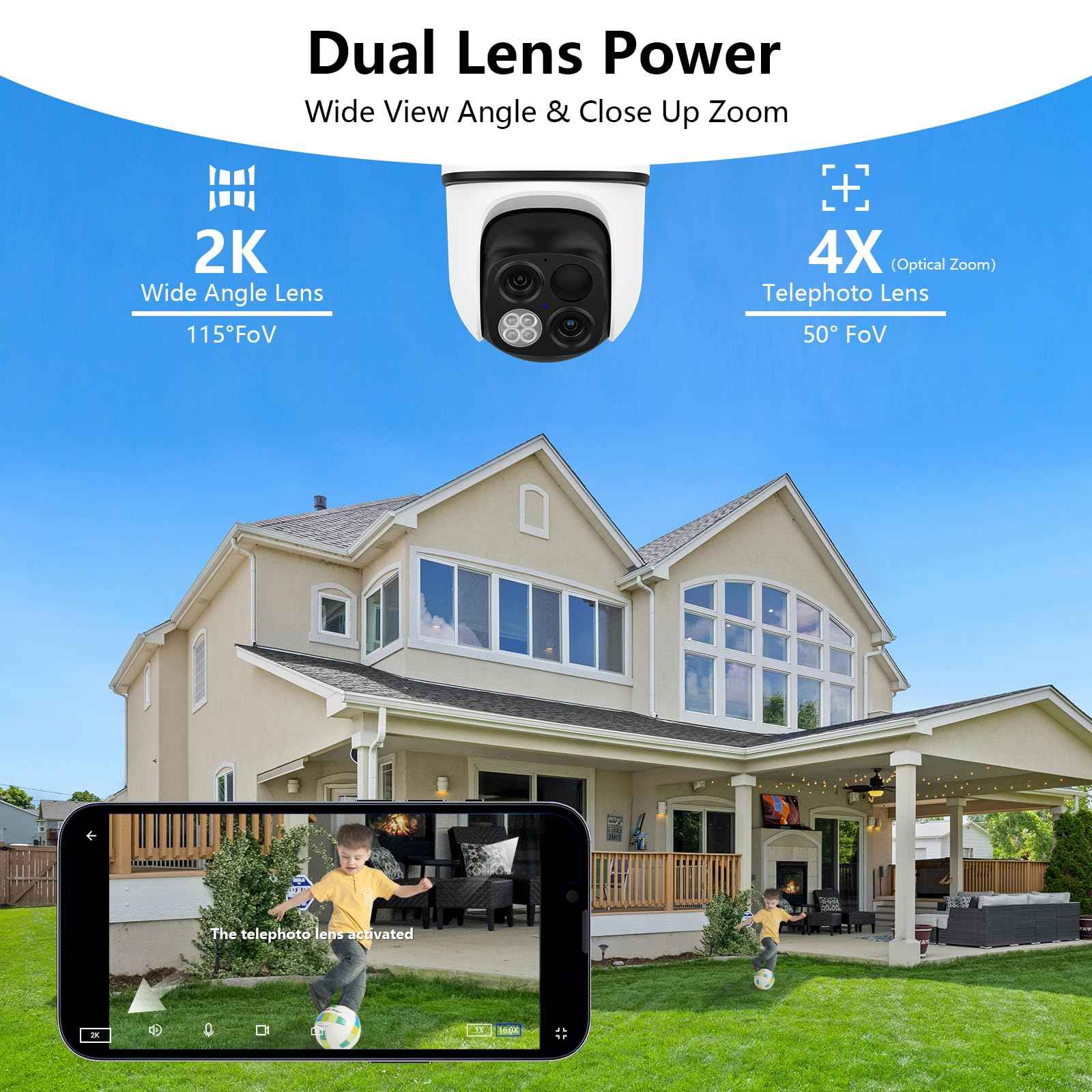 wansview Solar Camera Outdoor Wireless-2K 360°PTZ Cameras for Home Security with Dual Lens, Solar Panel/Battery Powered, PIR Detection, Color Night Vision, 2.4Ghz Wi-Fi Only, Works with Alexa, B7 1P W