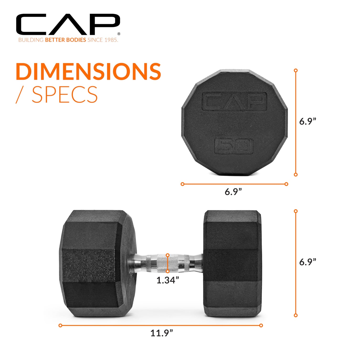 CAP 50 LB 12-Sided Rubber Coated Dumbbell Weight, Rubber Free Weights for Home Gym Strength Training, Chrome Handle, Pair
