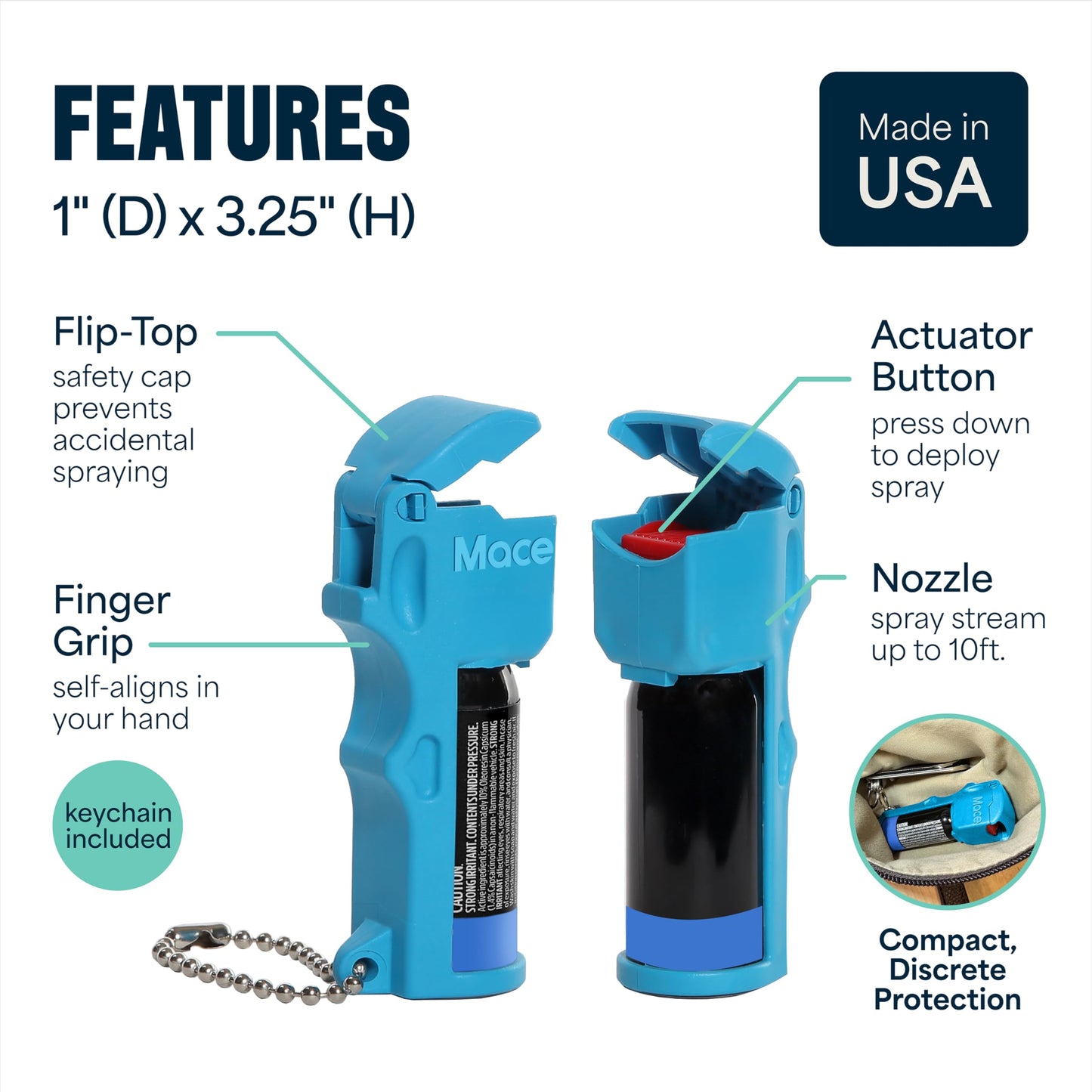 Mace Pepper Spray - Triple Action Pocket, 3-in-1 (OC, Tear Gas, UV Dye), Max Police Strength, 0.42 oz, 10 Feet Range, Flip Top Safety Cap, Self Defense Pepper Spray for Women & Men - Blue