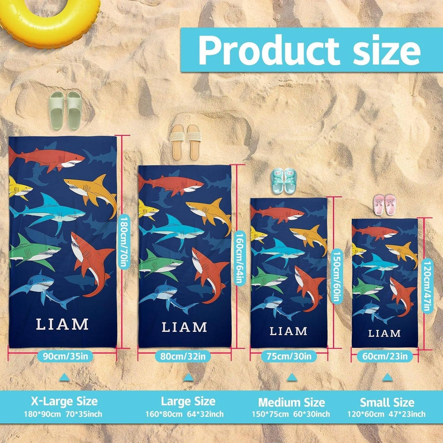 Skiennix Personalized Beach Towels for Kids - Ultra Absorbent Custom Monogram Towels | Shark Design