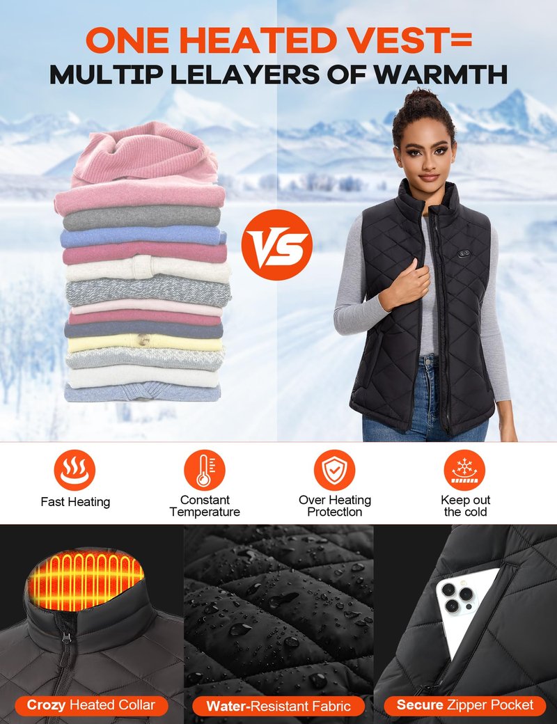 Toastiv Heated Vest Women with 18400mAh 7.4V Battery Pack Included,Quilted Electric Warming Vest Women's Heated Vests，M