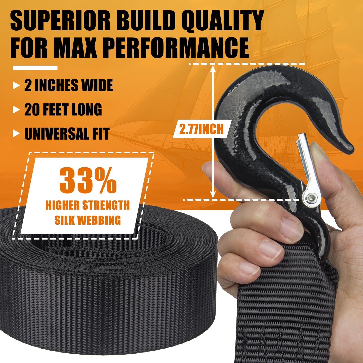 KONON Boat Trailer Winch Strap 2" x 20' with Safety Snap Hook 12000 lbs for Towing Vehicles, Boats and Jet Ski | Polyester | 12-Month Free Replacement (Black)