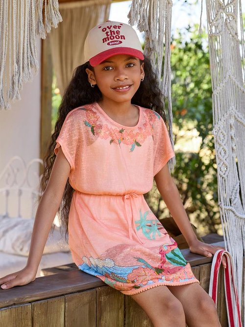 Haloumoning Girls Swim Cover-Up - Stylish Printed Short Sleeve Beachwear for Ages 5-14 Years