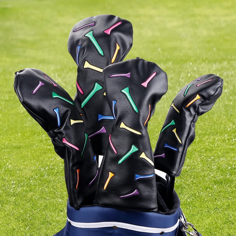 Andux 4pcs/Set Tee Pattern PU Golf Wood Club Head Covers 460cc Driver Fairway Woods Hybrids Covers Black