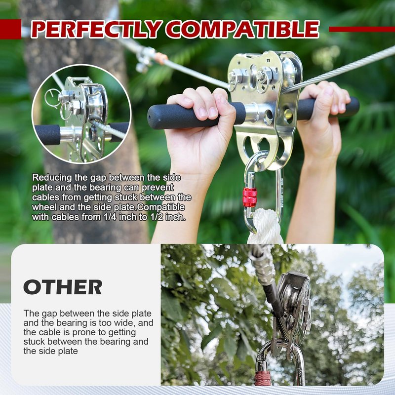 Fologtoo Zipline Pulley, 304 Stainless Steel Heavy Duty Zipline Trolley, 1100 lbs Working Load Limit - Reinforced Safety Handle for Backyard Zipline, Hauling, Suitable for 1/4 to 1/2 Inch Steel Cable