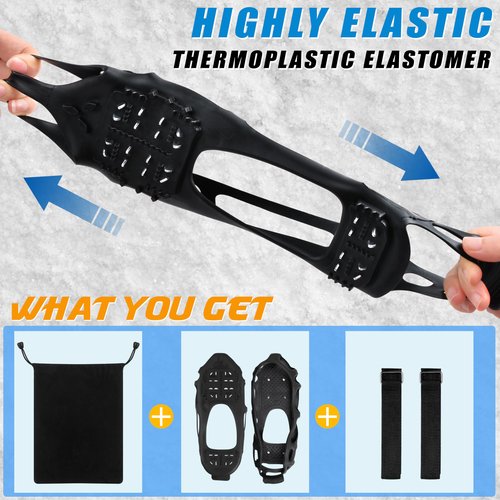 FUSIGO Ice Cleats for Shoes & Boots Snow Traction Crampons, 24 Stainless Steel Teeth, Non-Slip Walk Traction Cleats, Women Men Kids Hiking Walking Fishing Strap M, Black, Modern Style