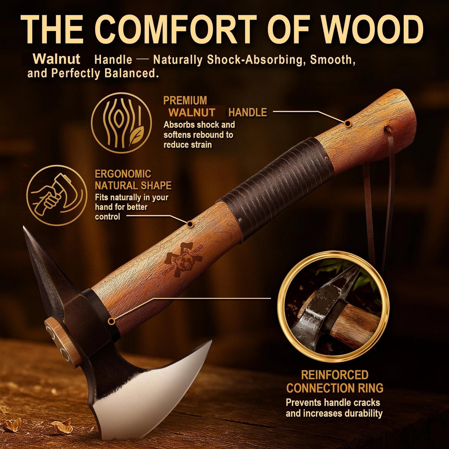 Grumpy Bear 15" Camping Hatchet, Survival Axe with Sheath, High Carbon Steel and Wood Handle, Anti-Slip Grip – Ideal for Bushcraft, Wood Splitting & Outdoor Adventures