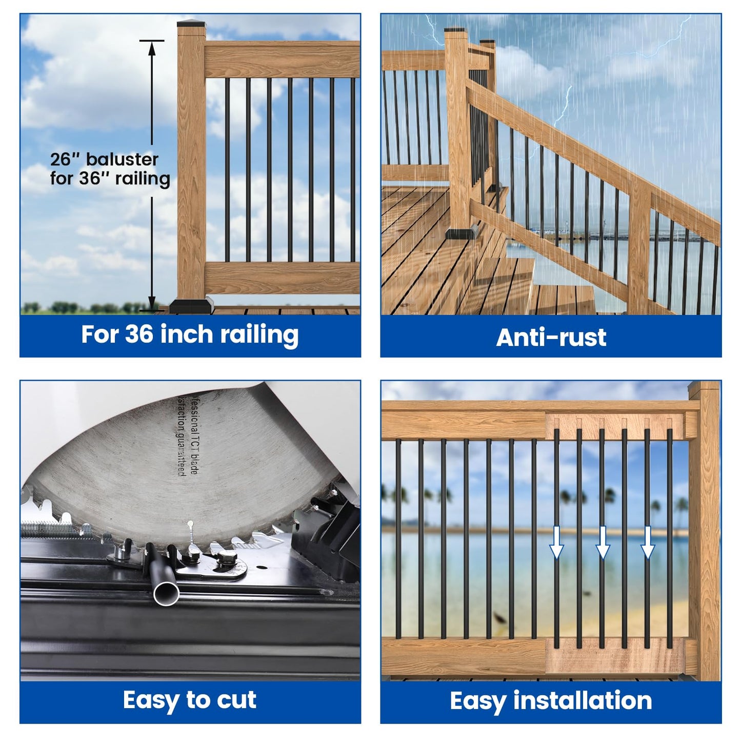 Muzata 50Pack 26" Aluminum Deck Balusters Round Black Deck Railing Stair Porch Staircase Spindles 3/4" Diameter Hollow for Railing Fencing Porch Stair WT02