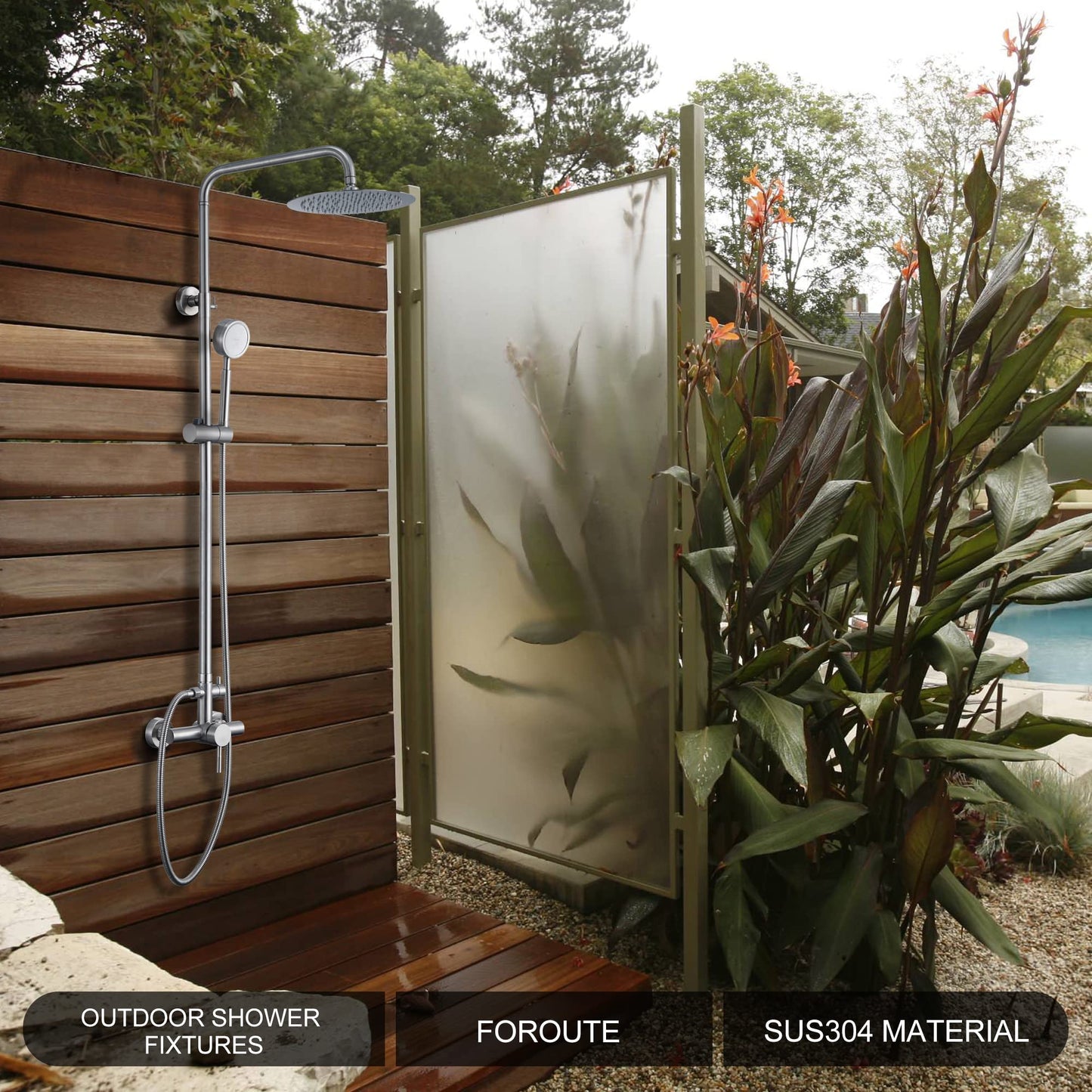 Foroute SS304 Shower Faucet Set - Outdoor Kit - Outdoor Fixtures with Brushed Nickel Shower Head & Handheld Spray, High Pressure