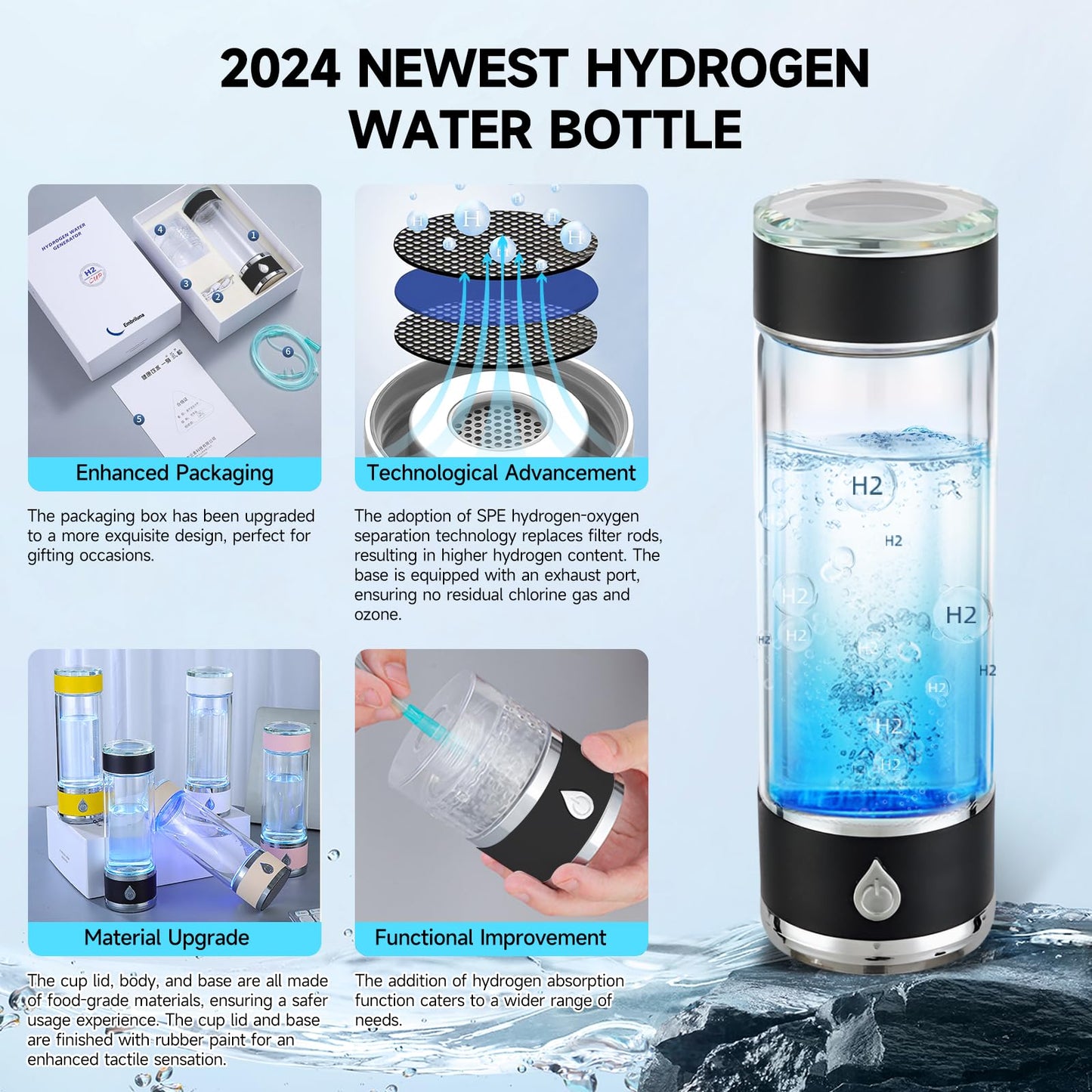 Hydrohealth Hydroh Hydrogen Water Bottle Generator, Portable and Rechargeable Hydro Health Hydrogen Water Bottle Glass with SPE Pem Technology,3 Min 4100 PPB Pure Hydrogen Rich Concentration