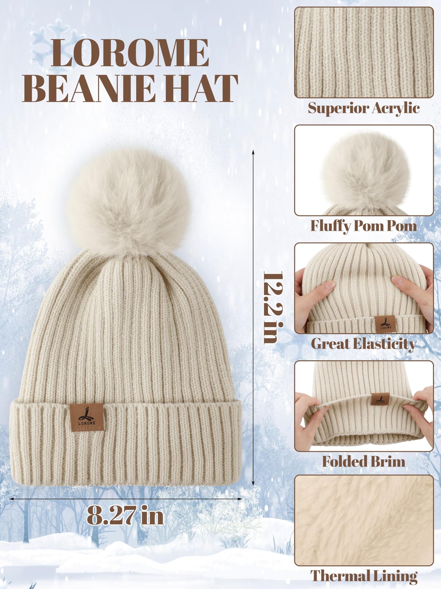 3 in 1 Winter Set, Womens Padded Beanie with Pom Poms Knitted Longe Scarf Leather and Fleece Lined Touchscreen Gloves Oatmeal