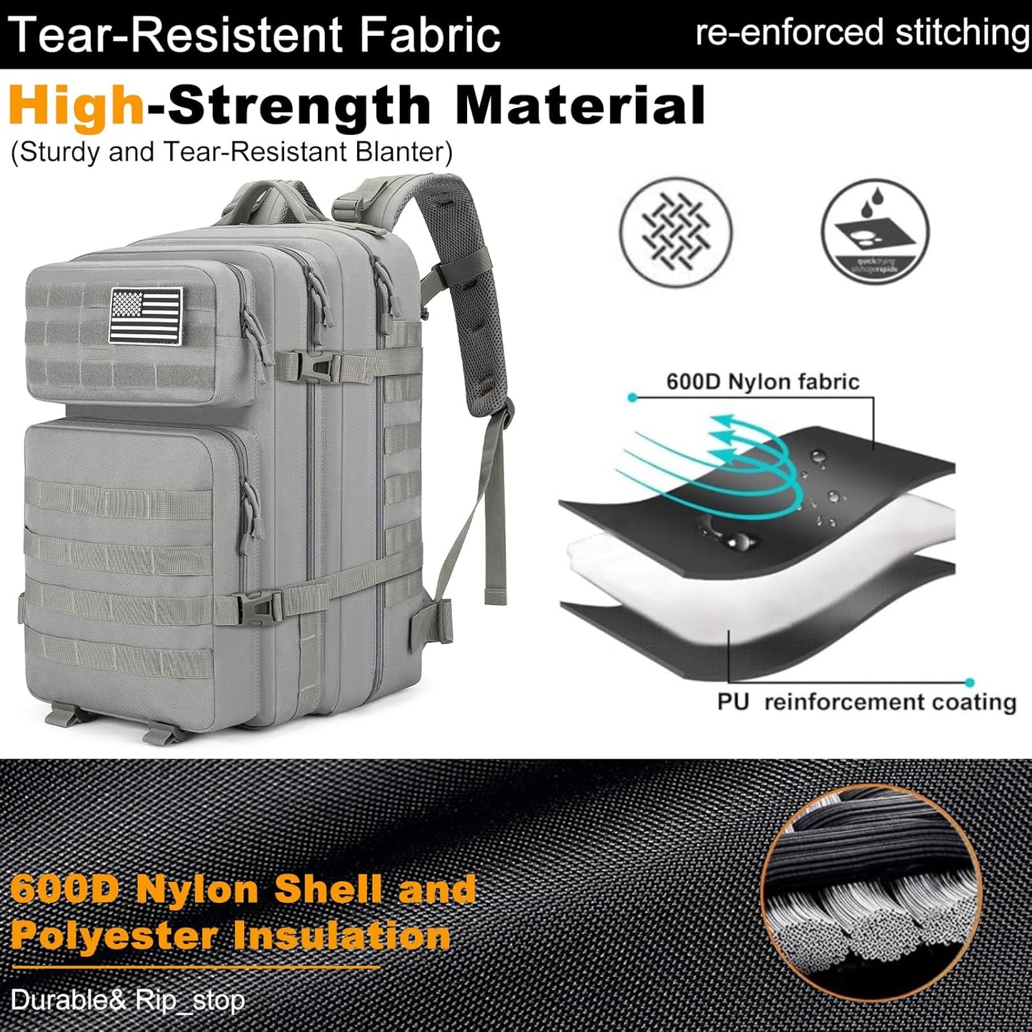 Skiennix Tactical Backpack 45L - Water Resistant MOLLE Rucksack | Durable 3-Day Bug Out Bag for Hiking & Travel (Grey)