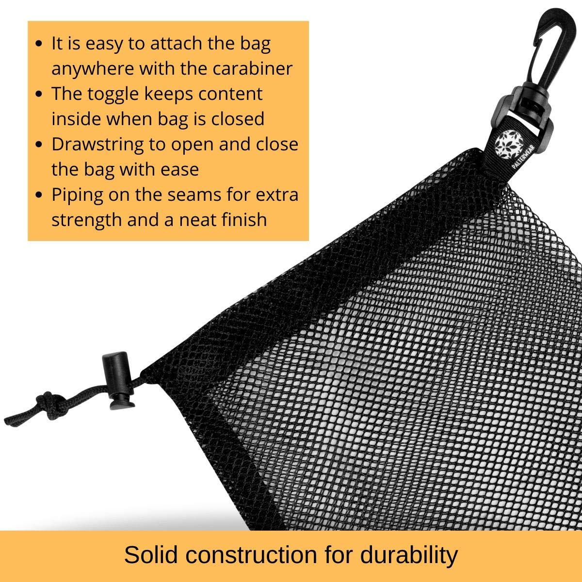 PALTERWEAR Small Mesh Bag with Clip and Toggle Closure (Set of 4, Black, 7 x 9 Inch) for Watersports Trekking Sailing