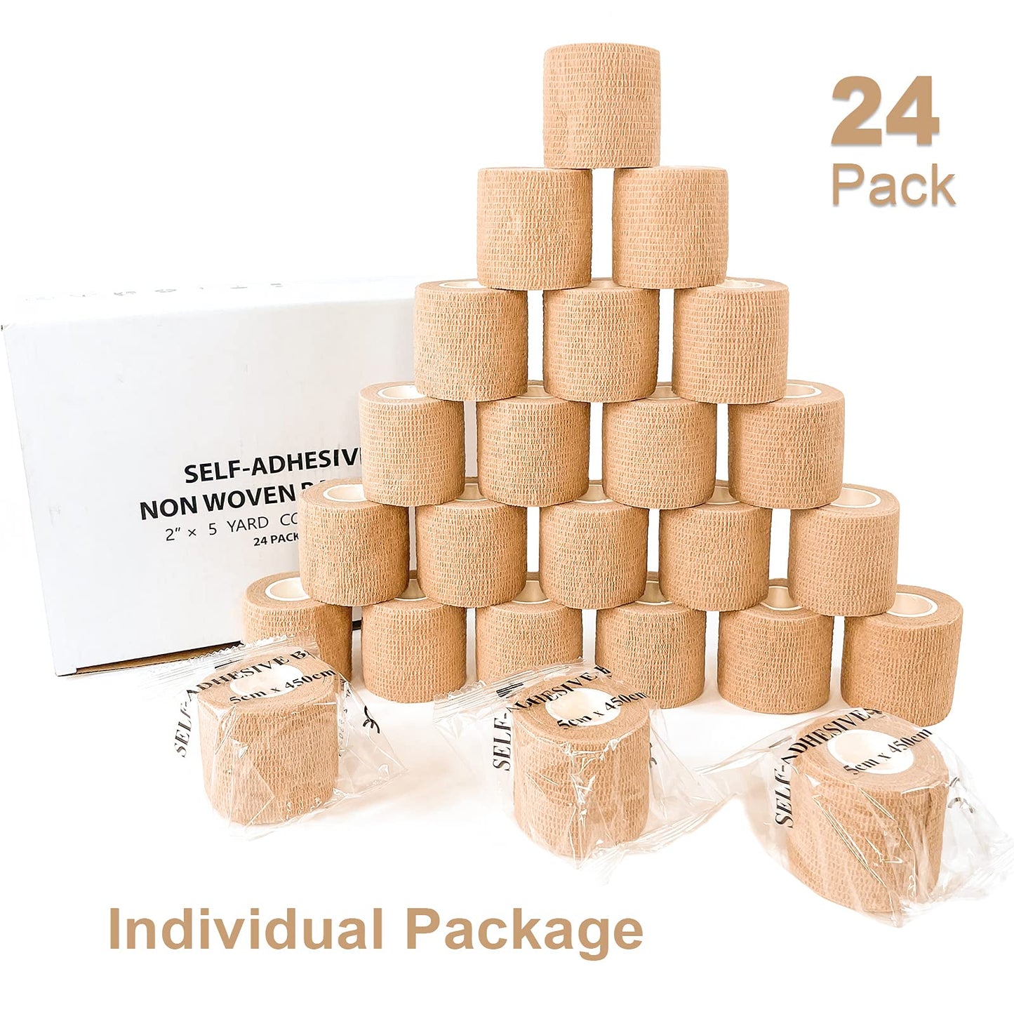 [24 Pack 2" x5 Yards] Beige-Self Adhesive Bandages Pre Wrap, Athletic Elastic Cohesive Bandage for Sports, Injuries, Treatments, and Recovery, First Aid Tape Vet Wrap for Cat, Dog