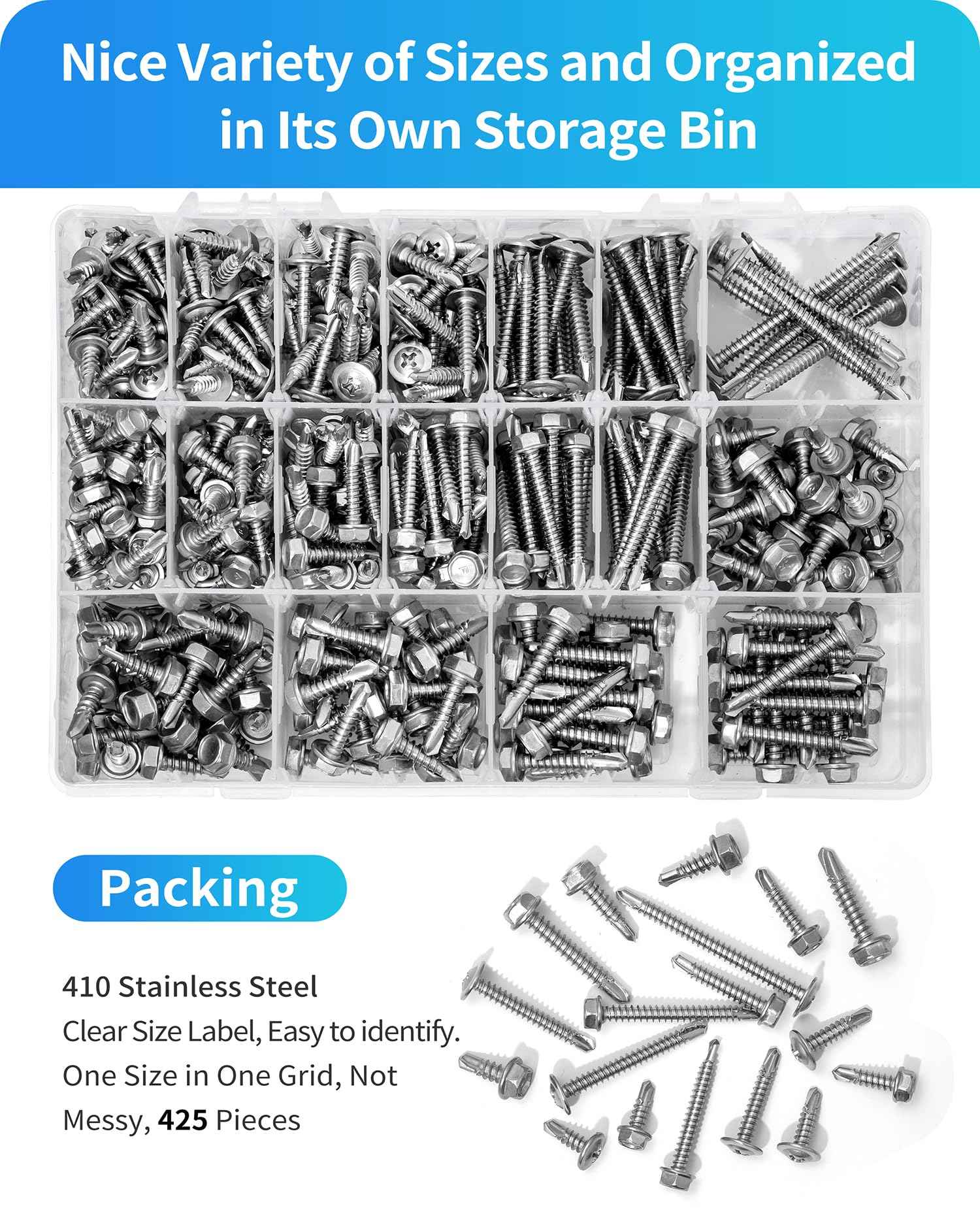 425PCS Self Tapping Screws for Metal, 410 Stainless Steel Self Drilling Screw #8#10 Phillips Wafer & Hex Washer Screws for Metals Assortment Kits, Length 1/2" 3/4" 1" 1-1/2" 2" (Silver)