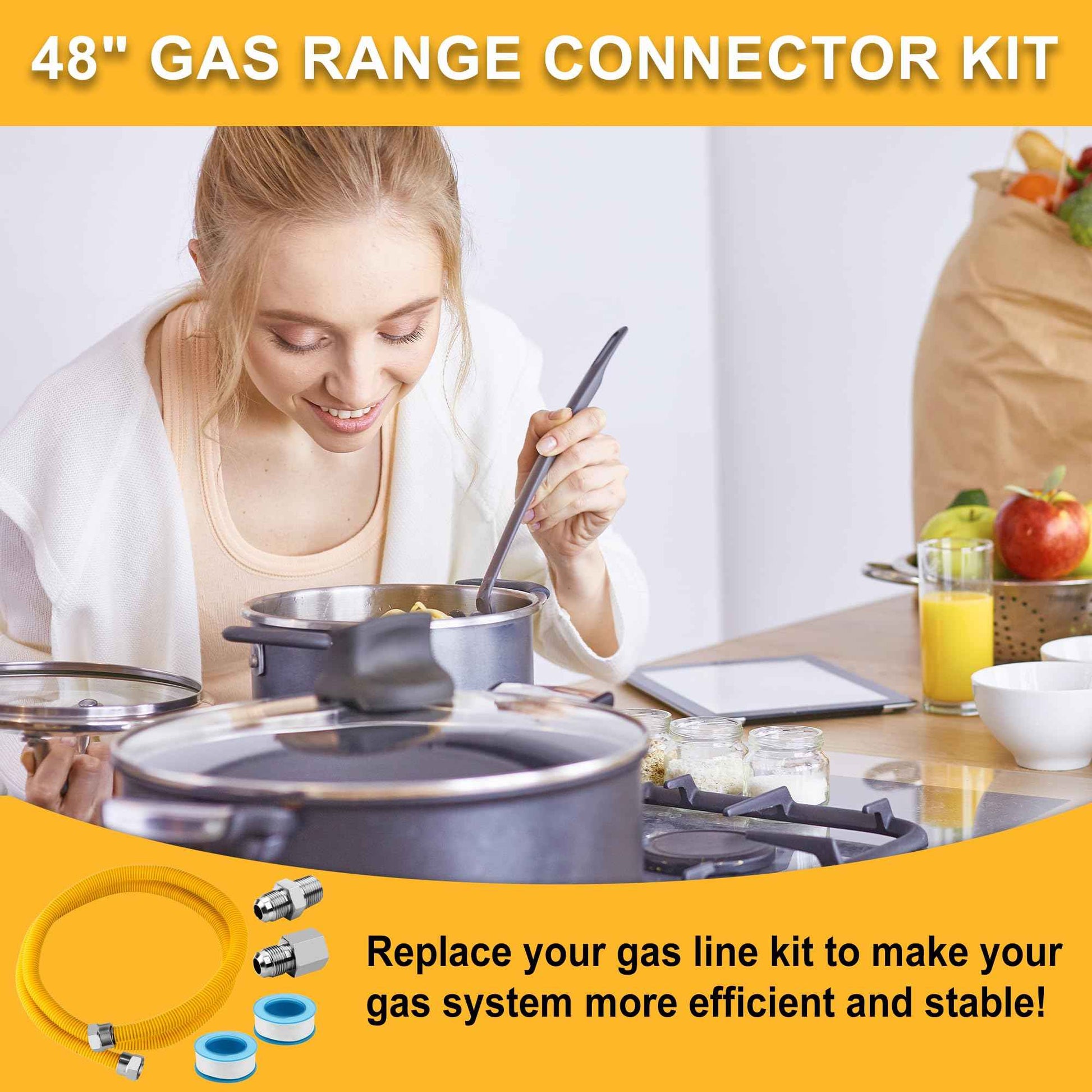 48" Flexible Gas Line Hose - Compatible with Dryer, Stove, Range & Water Heater | Stainless Steel Gas Range Connector Kit | 5/8" OD Line(1/2" ID) with 1/2" FIP & 1/2" MIP Fittings by TOMOON