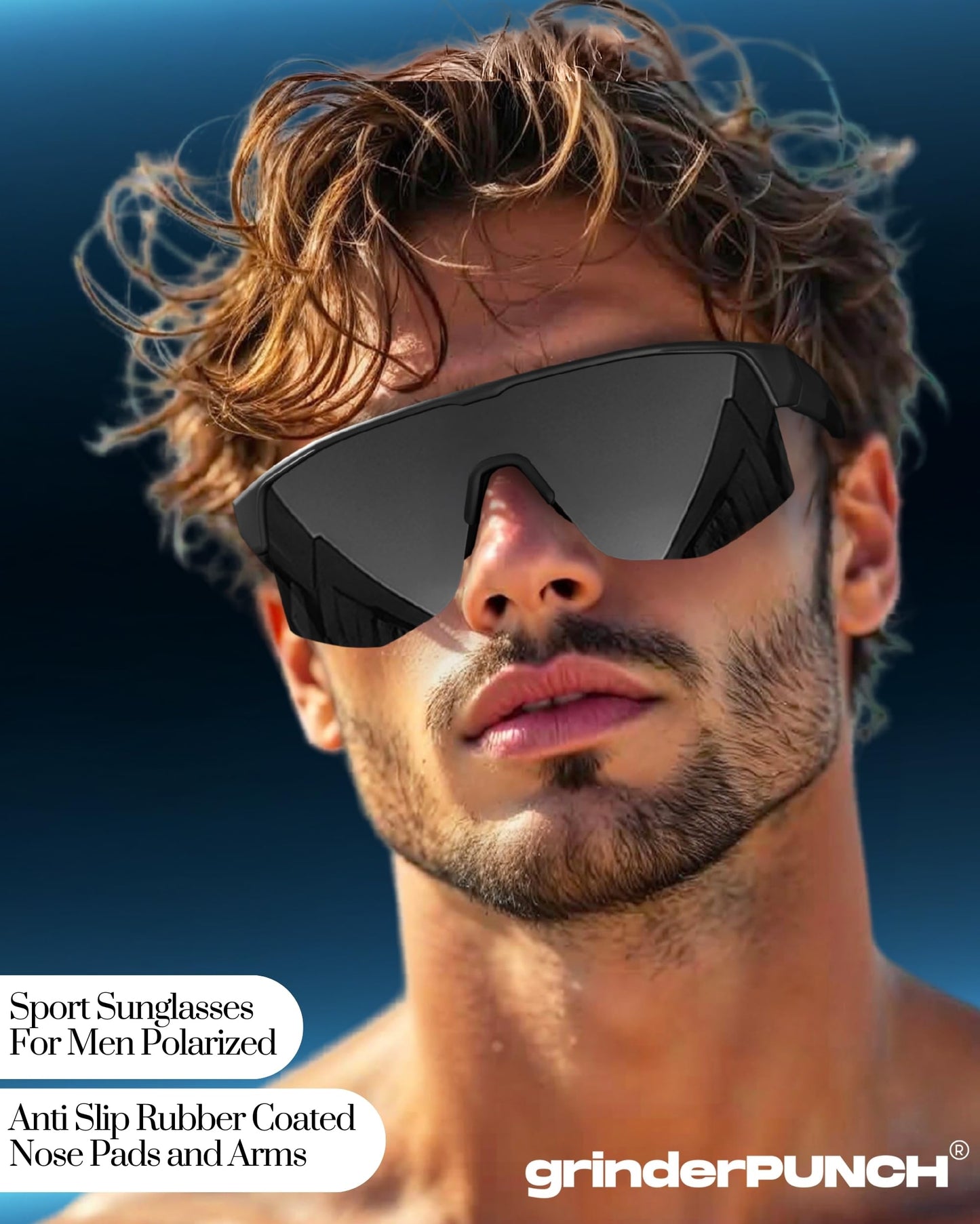 grinderPUNCH UV 400 Sports Sunglasses Cycling Glasses, Biking Goggles Running Hiking Golf Fishing Driving (Black)