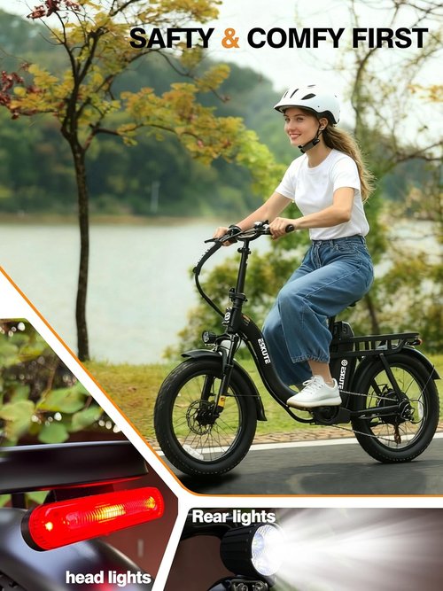 1200W Peak Folding Electric Bike - 28MPH Speed, 55-Mile Range, 10.4Ah Removable Battery, 20"x3" Fat Tires