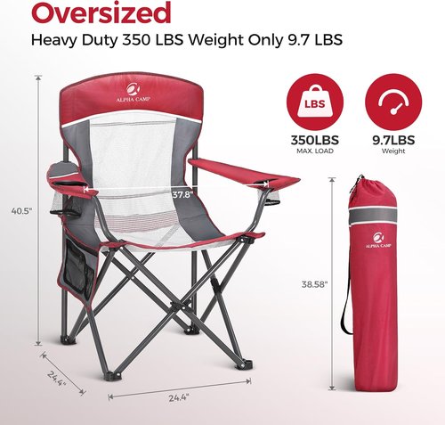 ALPHA CAMP Oversized Camping Chair - Heavy Duty 350 LBS Support | Collapsible Steel Frame, Padded Armrests, Cup Holder (Red)