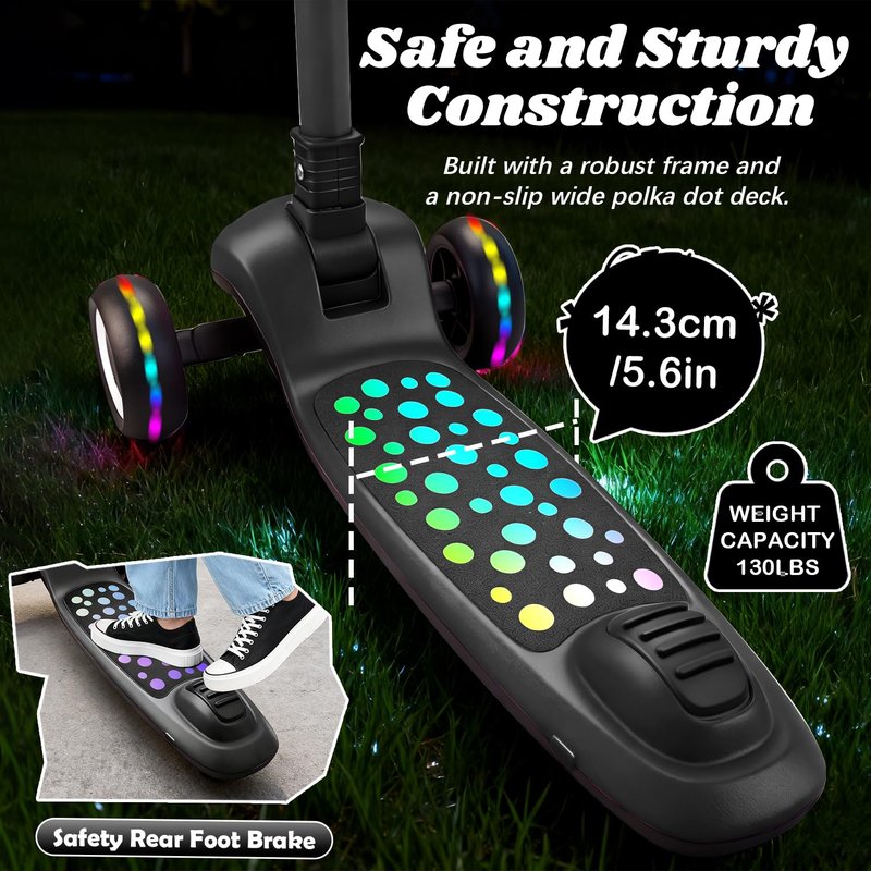 Light Up 3 Wheel Kick Scooter for Kids Toddlers with LED Sync Lights, Flashing Stem & Wide Polka Dot Deck Adjustable Height Music Function Safe Sturdy Folding Scooter for Kids (Black)