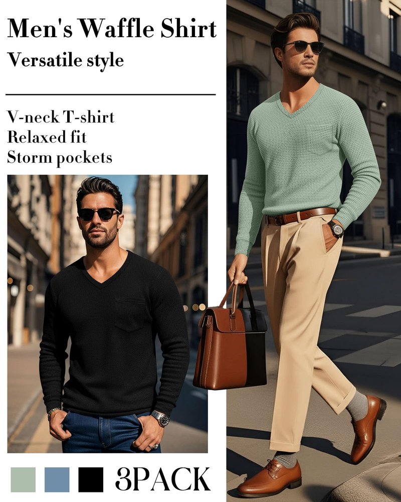 Neer 3 Pack Mens Big and Tall Waffle Shirts Long Sleeve V Neck Pullover Underwear Tops Basic Undershirts with Pocket(Black, Haze Blue, Gray Green,3X-Large)