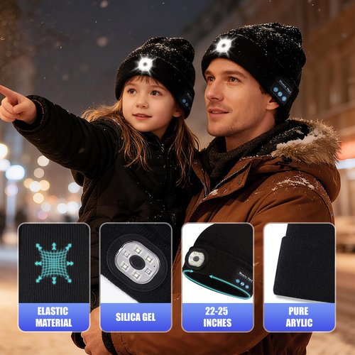 Bluetooth Beanie Hat with Light, Headlamp Cap with Headphones and Built-in Speaker Mic, Gifts for Men Women Husband Him Black