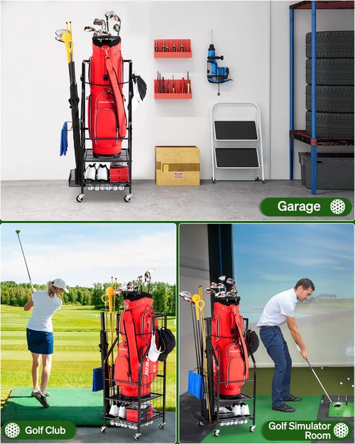 FHXZH Golf Bag Storage Garage Organizer - Golf Bag Stand Fit for 1 Bag, Extra Clubs, Balls, Shoes, and Golf Equipment Accessories, Golf Storage Rack for Garage, Club, Shed